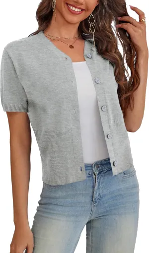 VOIANLIMO Women's Sweater Cropped Knit Long Sleeve Cardigan Lightweight Bolero Short Shrugs V-Neck Button up Tops