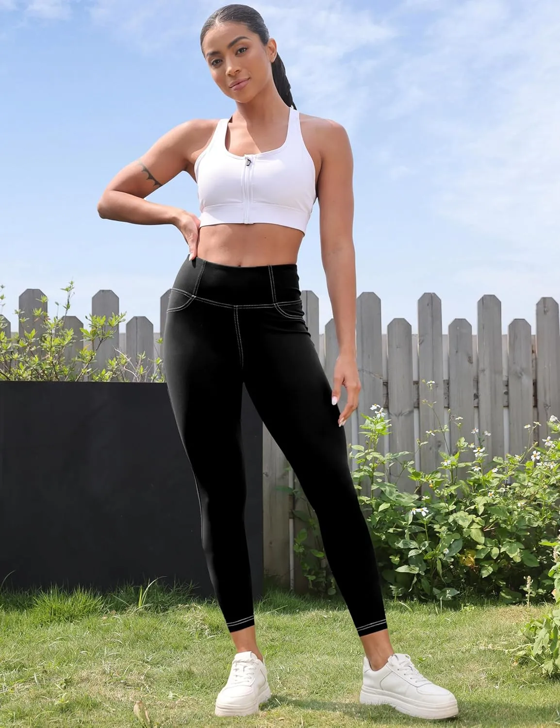 VOOVEEYA Curvy Womens Leggings 25", Tummy Control Yoga Pants with Back Pockets High Waisted Buttery Soft 7/8 Leggings