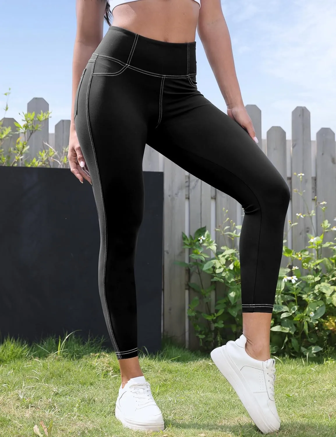 VOOVEEYA Curvy Womens Leggings 25", Tummy Control Yoga Pants with Back Pockets High Waisted Buttery Soft 7/8 Leggings