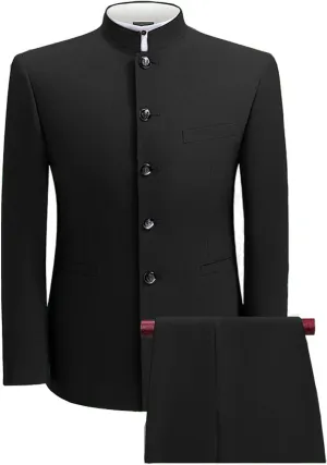 Wangyue Men's Chinese Tunic Suit Stand Collar Slim Fit 2 Piece Suits Front Button Blazer Pant Set