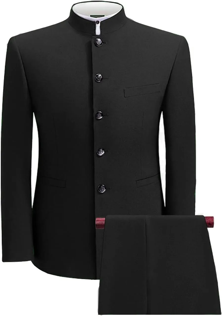 Wangyue Men's Chinese Tunic Suit Stand Collar Slim Fit 2 Piece Suits Front Button Blazer Pant Set