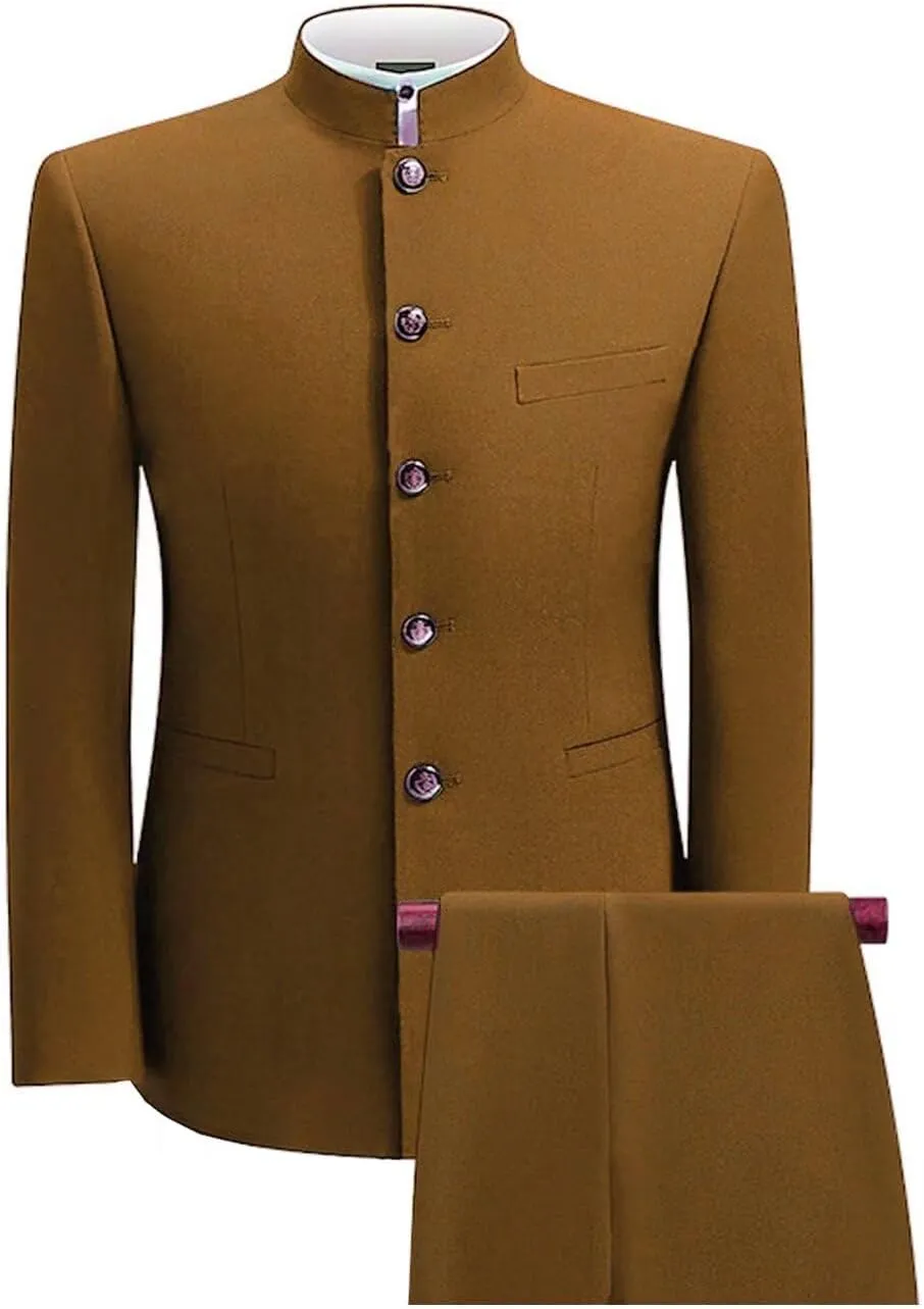 Wangyue Men's Chinese Tunic Suit Stand Collar Slim Fit 2 Piece Suits Front Button Blazer Pant Set