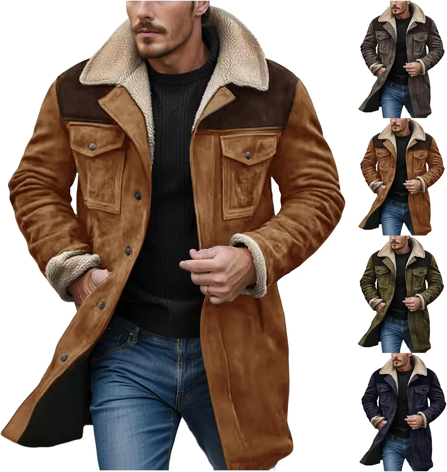 Western Jackets for Men Vintage Suede Leather Jacket Plush Reversed Collar Winter Warm Long Coats Trench Coat Outwear