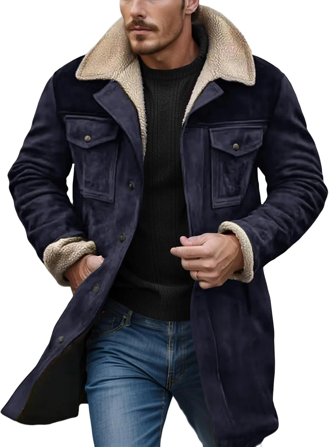 Western Jackets for Men Vintage Suede Leather Jacket Plush Reversed Collar Winter Warm Long Coats Trench Coat Outwear