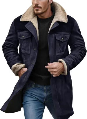 Western Jackets for Men Vintage Suede Leather Jacket Plush Reversed Collar Winter Warm Long Coats Trench Coat Outwear