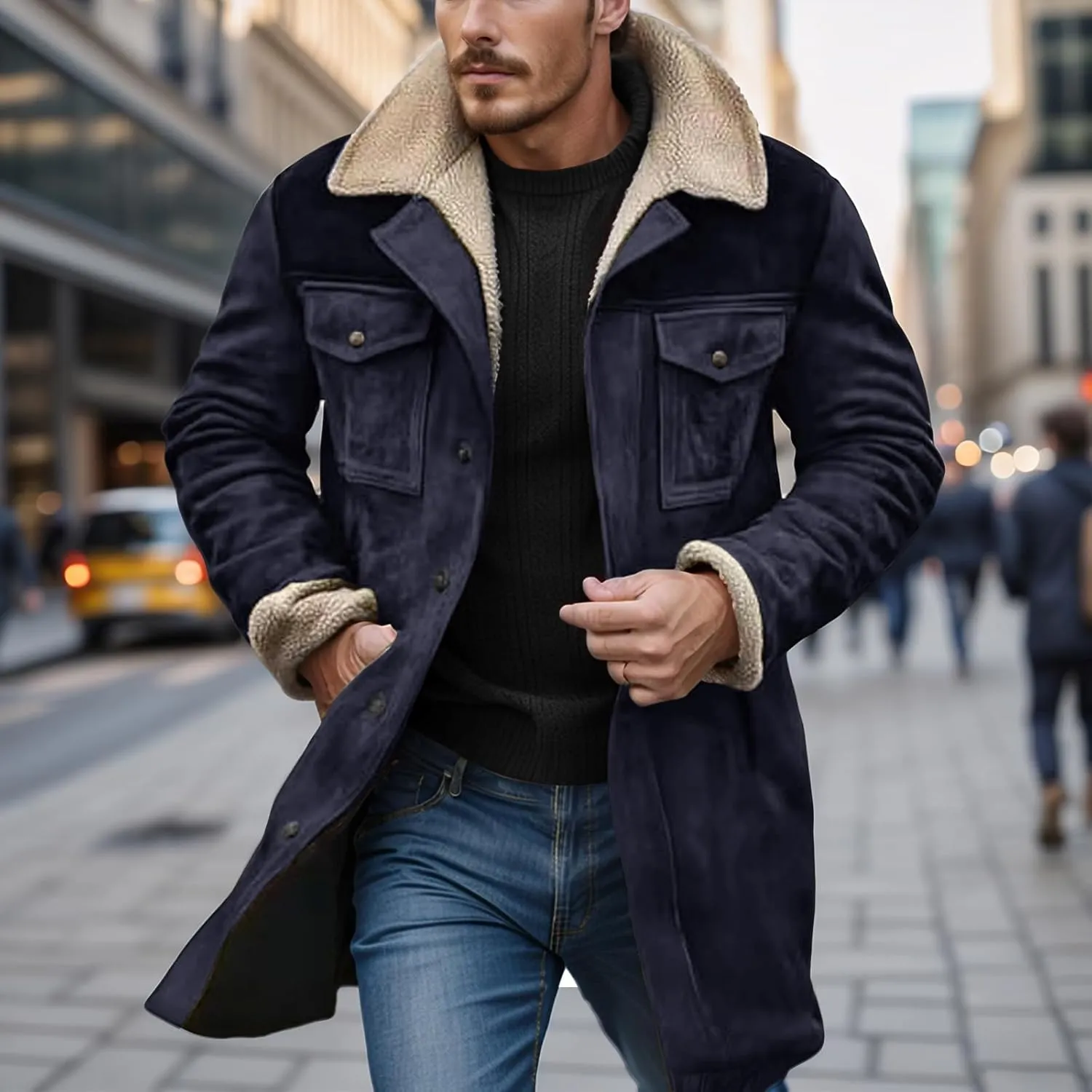 Western Jackets for Men Vintage Suede Leather Jacket Plush Reversed Collar Winter Warm Long Coats Trench Coat Outwear