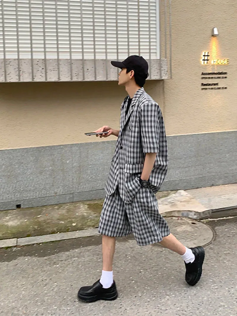 WIAOFELLAS -  (shorts suit Jackets) Summer Men's Loose Black And White Plaid Short Sleeved Suit Jackets High Quality Mens Sets Suit S-XL