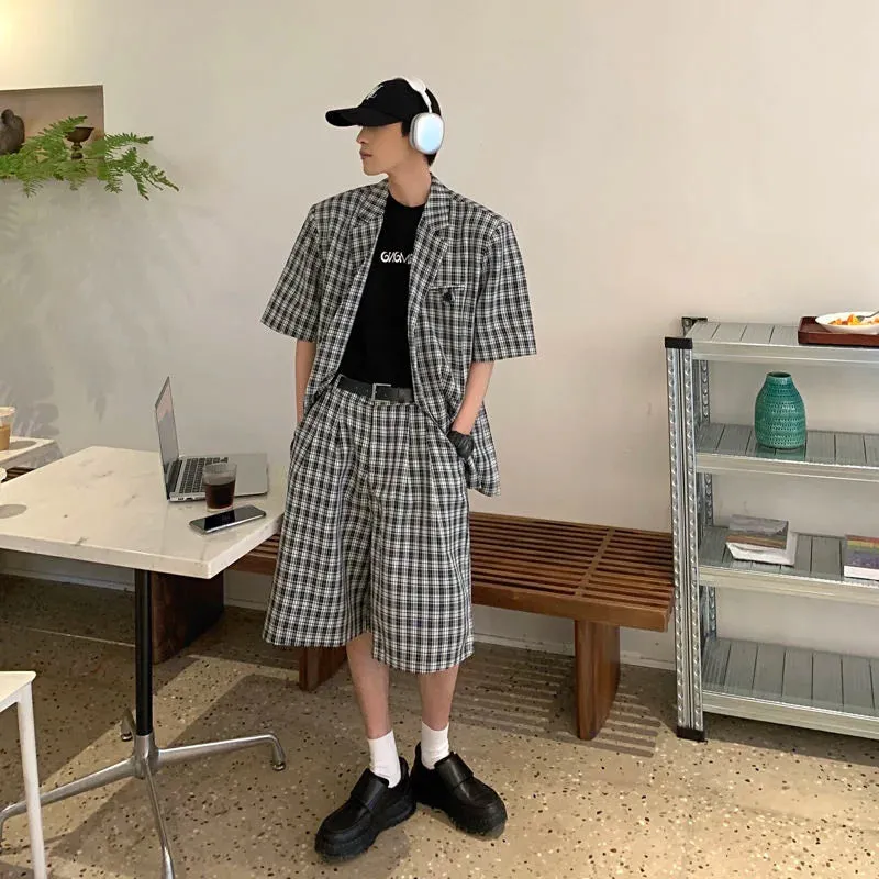 WIAOFELLAS -  (shorts suit Jackets) Summer Men's Loose Black And White Plaid Short Sleeved Suit Jackets High Quality Mens Sets Suit S-XL