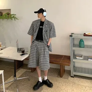WIAOFELLAS -  (shorts suit Jackets) Summer Men's Loose Black And White Plaid Short Sleeved Suit Jackets High Quality Mens Sets Suit S-XL