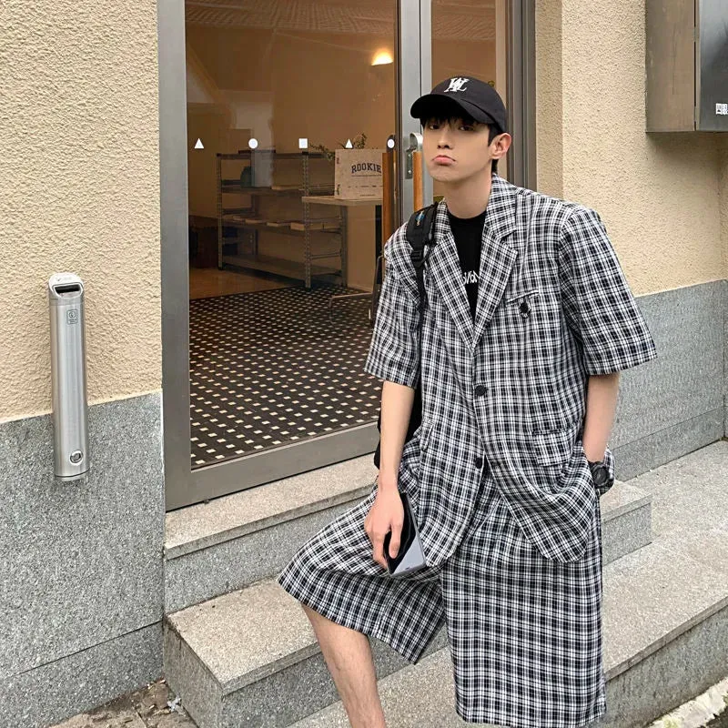 WIAOFELLAS -  (shorts suit Jackets) Summer Men's Loose Black And White Plaid Short Sleeved Suit Jackets High Quality Mens Sets Suit S-XL