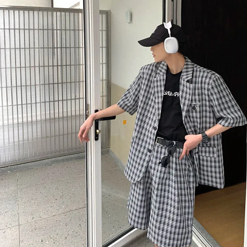 WIAOFELLAS -  (shorts suit Jackets) Summer Men's Loose Black And White Plaid Short Sleeved Suit Jackets High Quality Mens Sets Suit S-XL