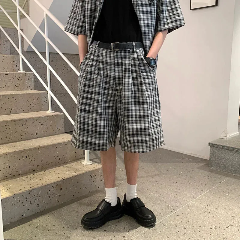 WIAOFELLAS -  (shorts suit Jackets) Summer Men's Loose Black And White Plaid Short Sleeved Suit Jackets High Quality Mens Sets Suit S-XL