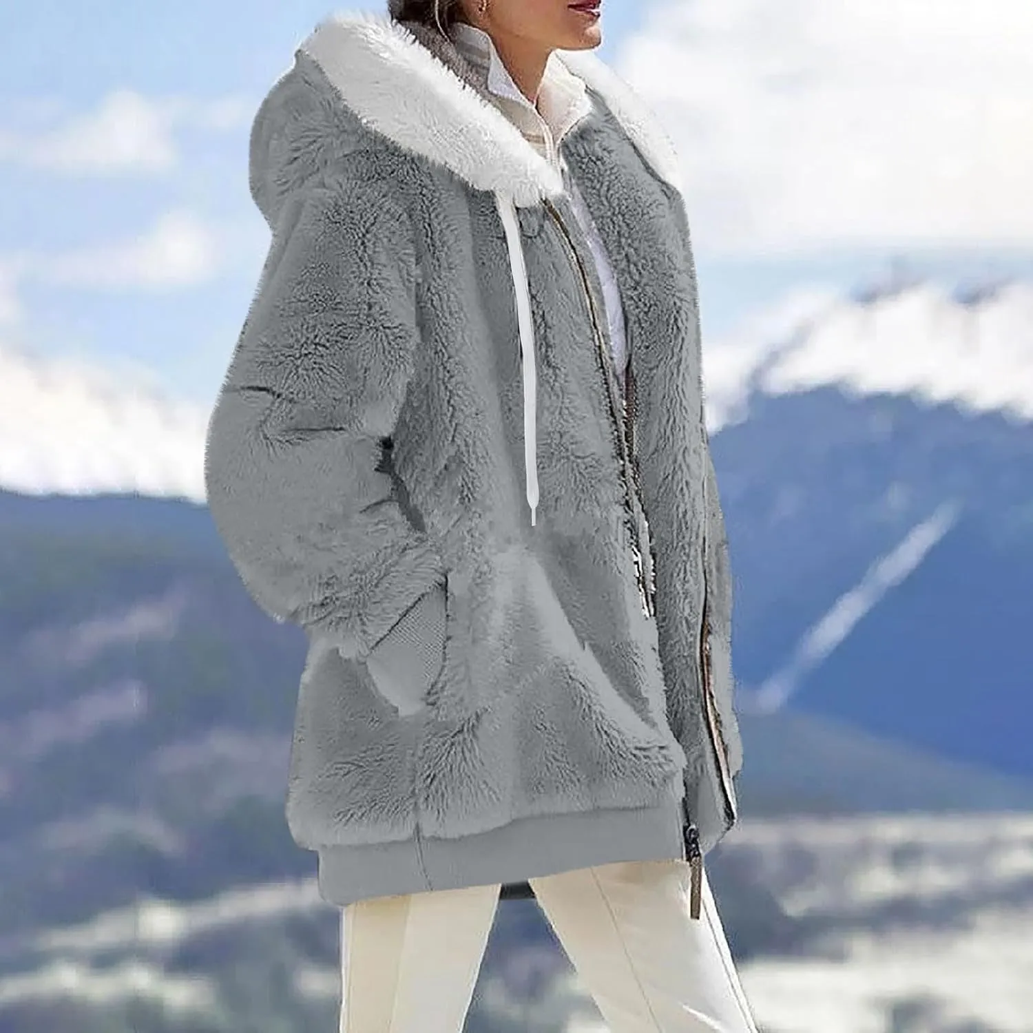 Winter Jackets for Women Fuzzy Fleece Jacket Hooded Color Block Patchwork Cardigan Coats Soft Shaggy Warm Outerwear