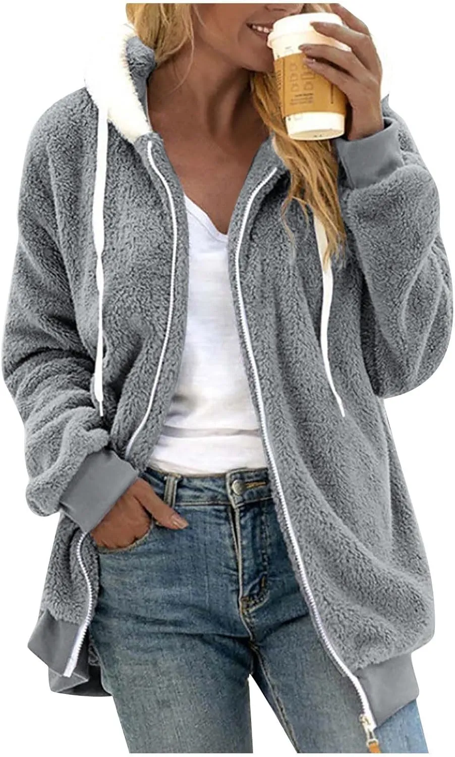 Winter Jackets for Women Fuzzy Fleece Jacket Hooded Color Block Patchwork Cardigan Coats Soft Shaggy Warm Outerwear