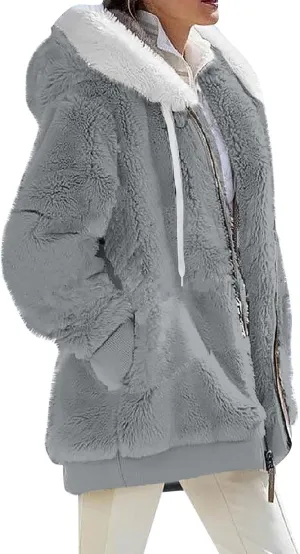 Winter Jackets for Women Fuzzy Fleece Jacket Hooded Color Block Patchwork Cardigan Coats Soft Shaggy Warm Outerwear