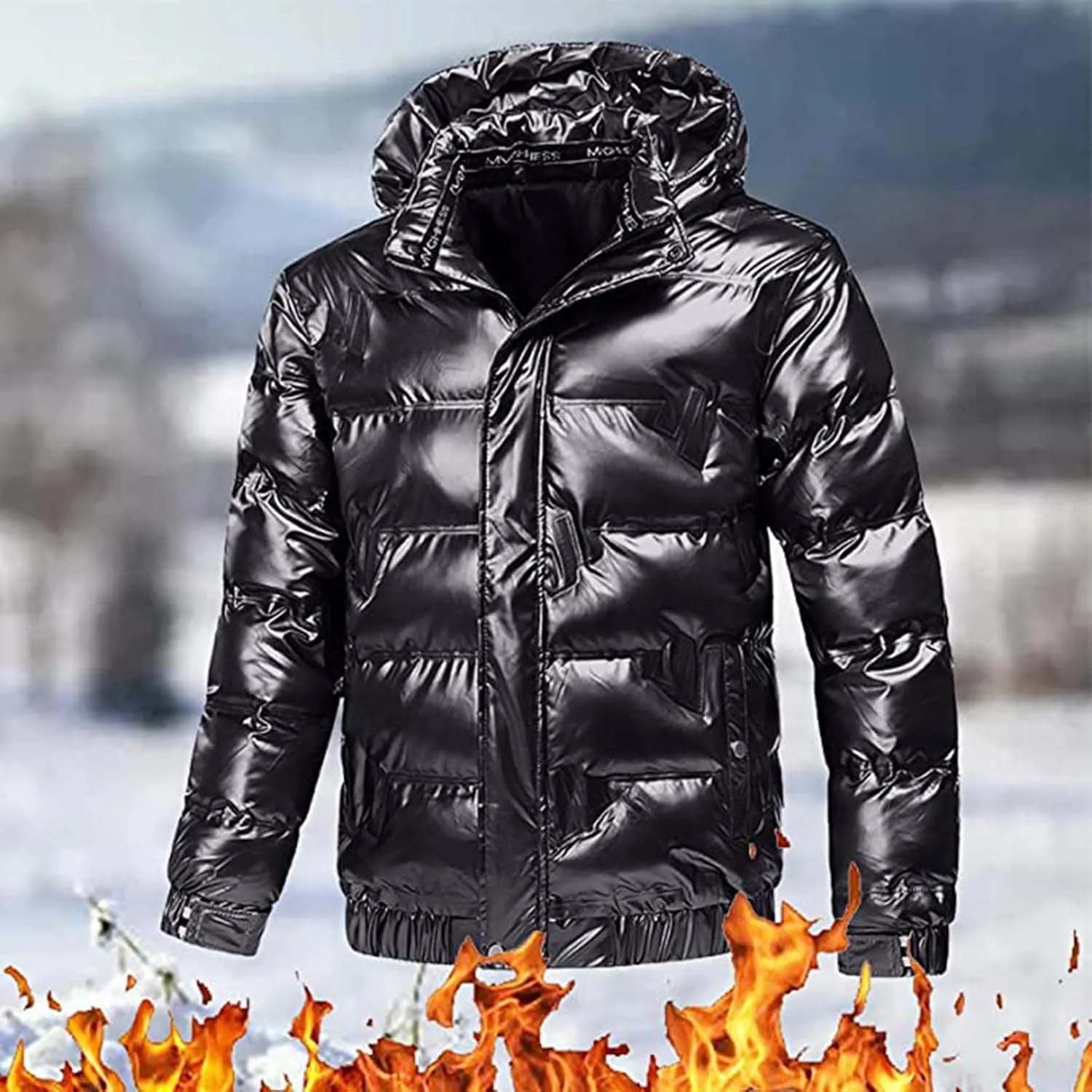 Winter Warm Men Puffer Coat with Fur Hood,Shiny Hooded Reflective Padded Coat Plus Size Bomber Alternative Down Jacket