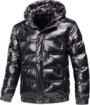 Winter Warm Men Puffer Coat with Fur Hood,Shiny Hooded Reflective Padded Coat Plus Size Bomber Alternative Down Jacket