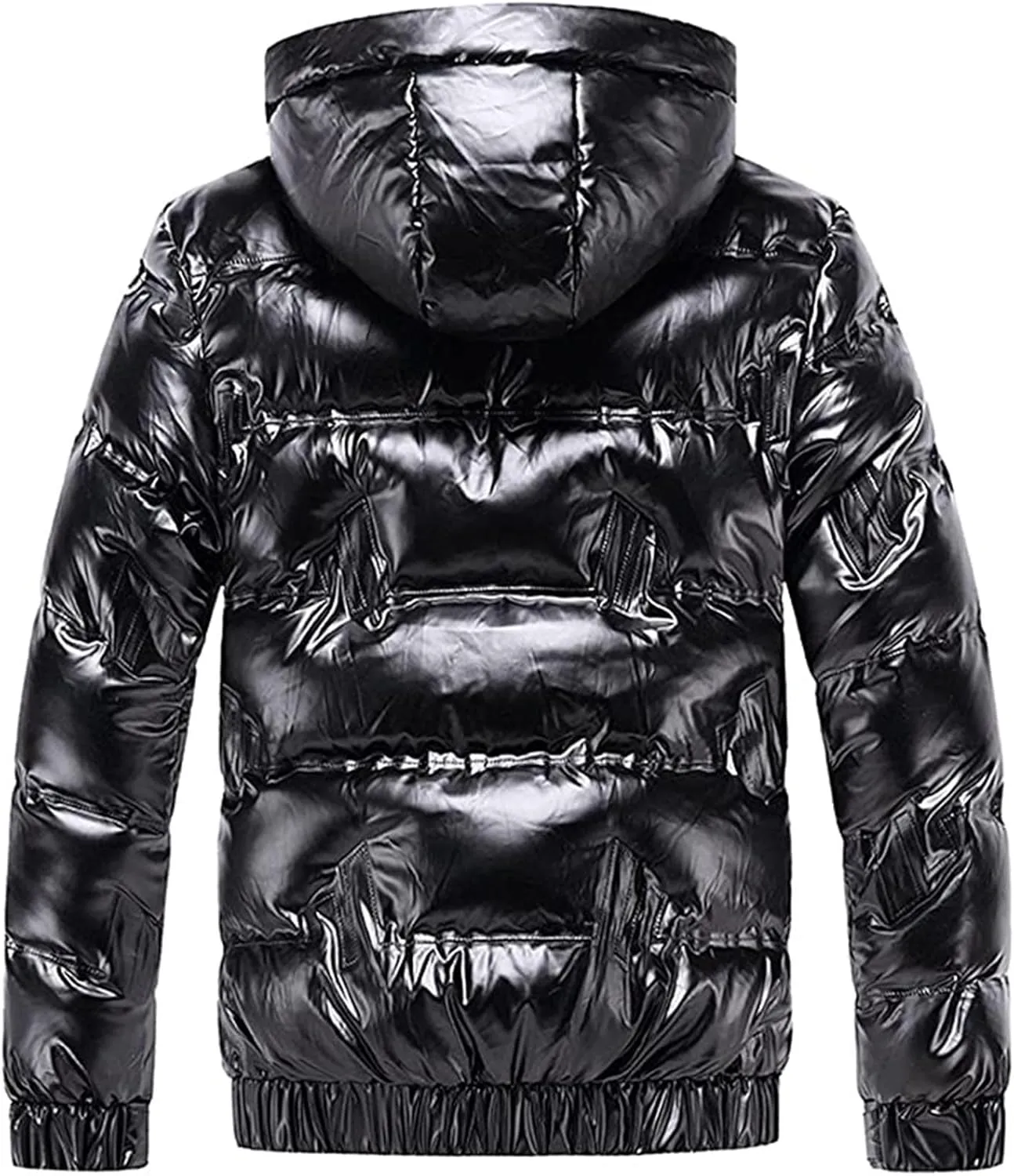 Winter Warm Men Puffer Coat with Fur Hood,Shiny Hooded Reflective Padded Coat Plus Size Bomber Alternative Down Jacket