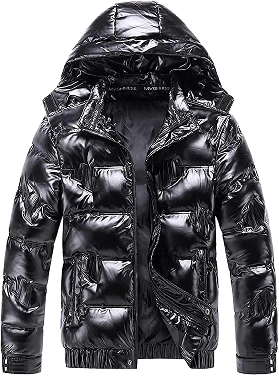 Winter Warm Men Puffer Coat with Fur Hood,Shiny Hooded Reflective Padded Coat Plus Size Bomber Alternative Down Jacket