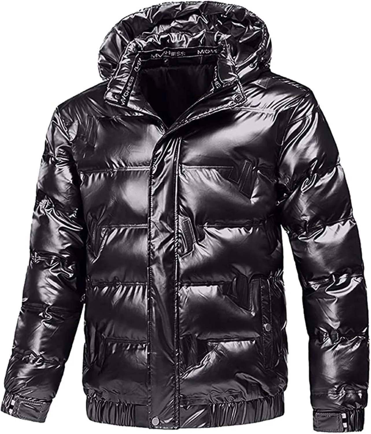 Winter Warm Men Puffer Coat with Fur Hood,Shiny Hooded Reflective Padded Coat Plus Size Bomber Alternative Down Jacket