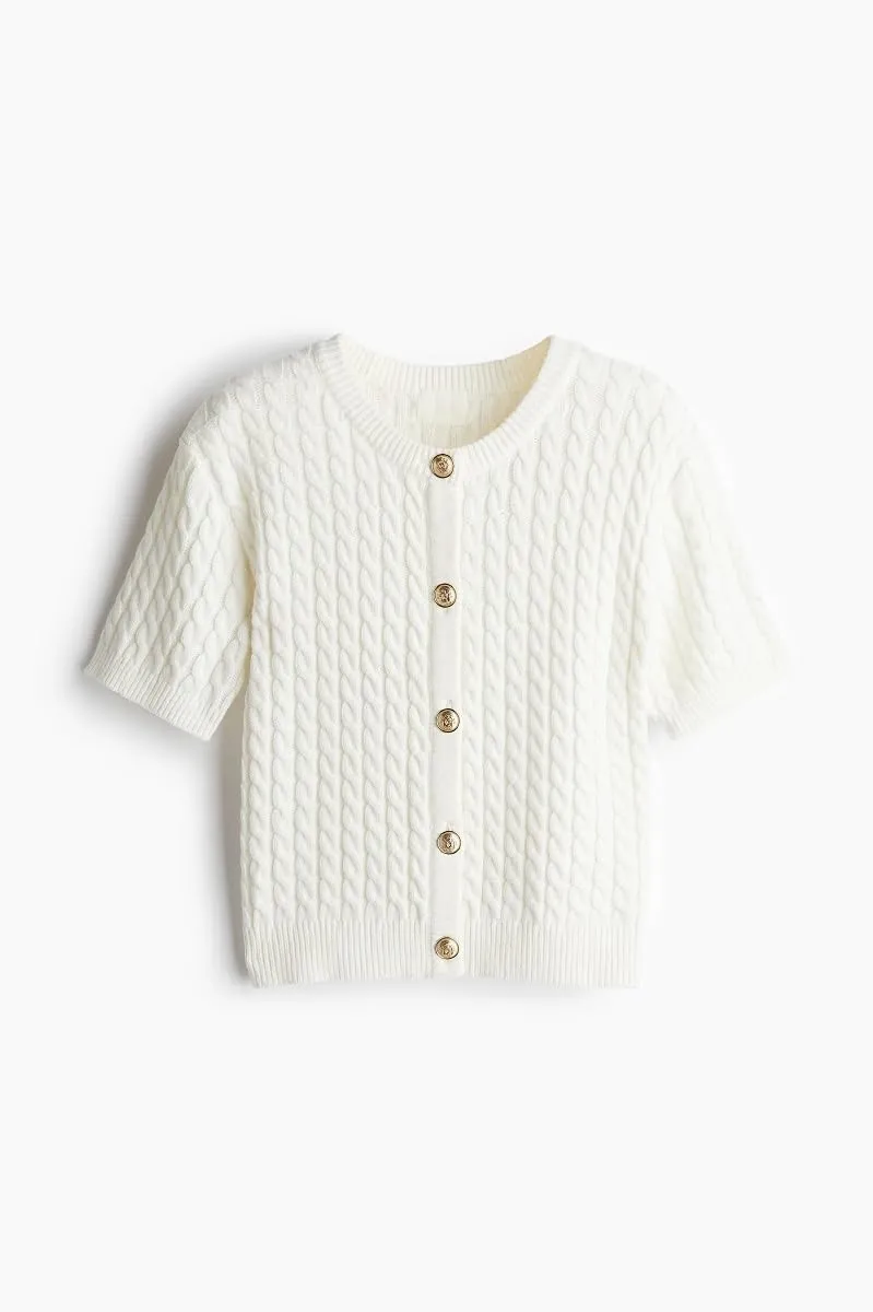 Women Cable Knit Cardigan Sweaters Short Sleeve Vintage Button Down Y2k Crop Knit Cardigan Casual Soft Sweater