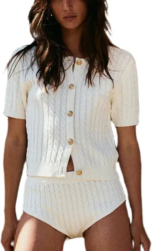 Women Cable Knit Cardigan Sweaters Short Sleeve Vintage Button Down Y2k Crop Knit Cardigan Casual Soft Sweater