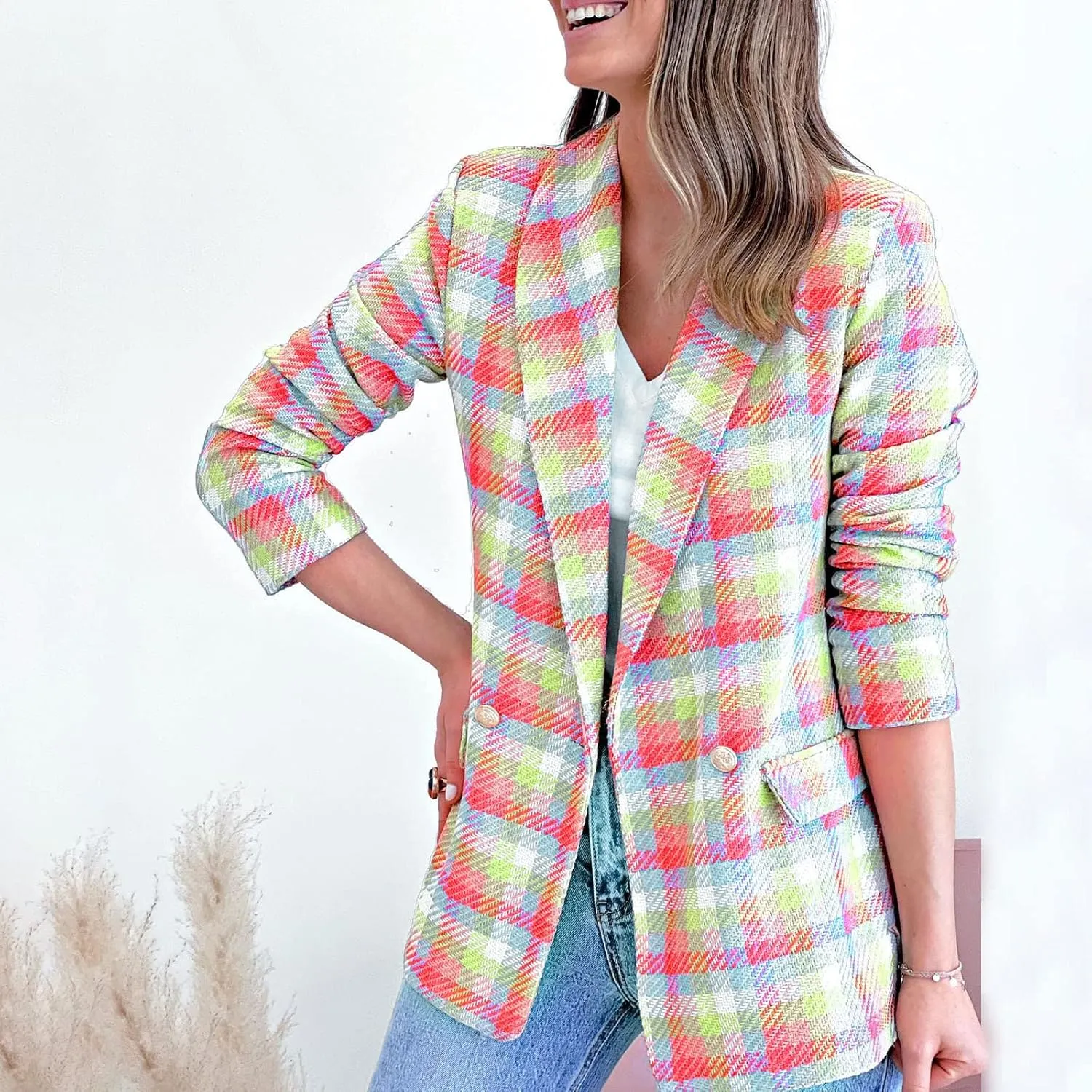 Women Casual Blazer Jacket Twill Plaid Blazers Long Sleeve Double Breasted Open Front Colorful Office Work Clothes