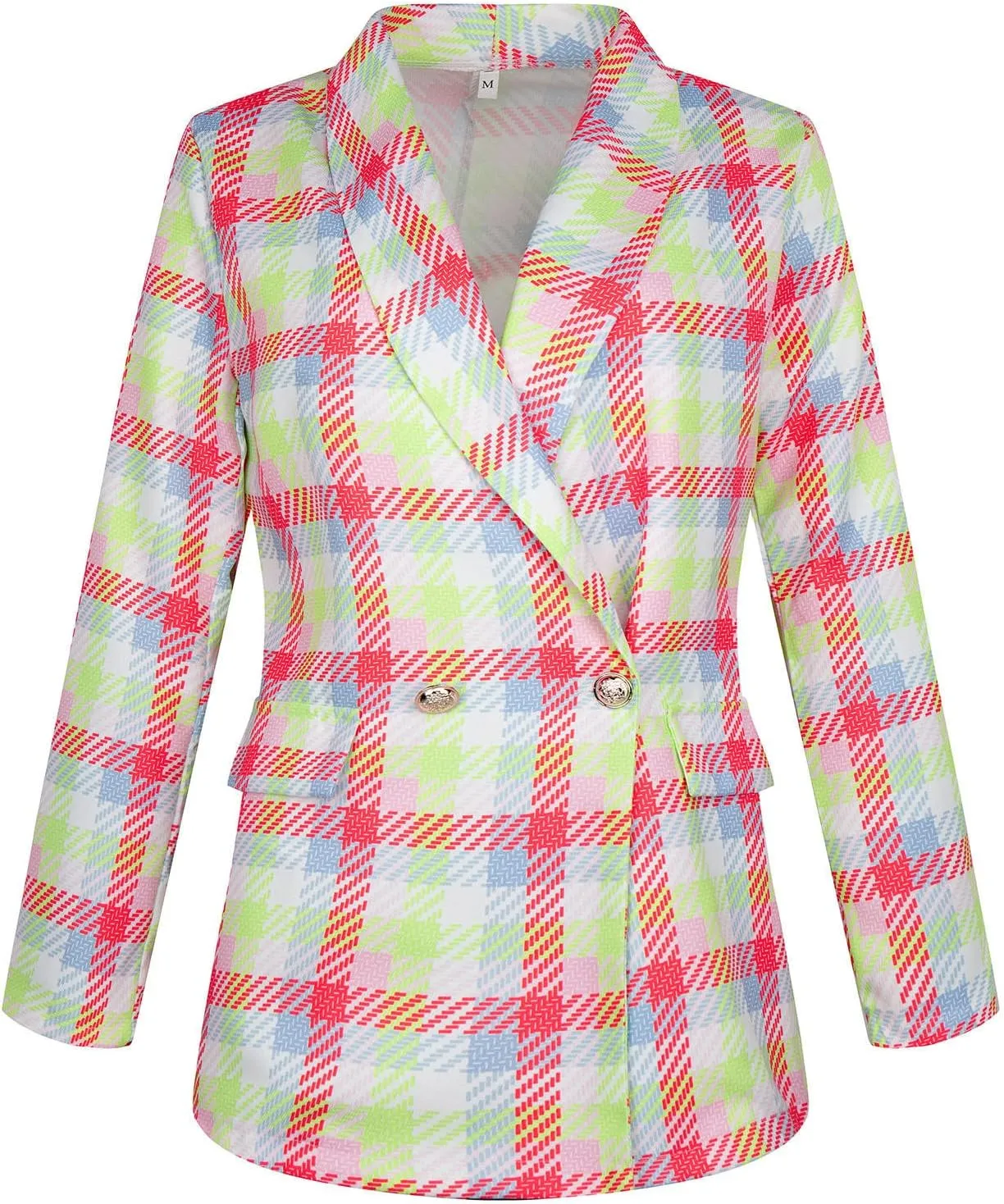 Women Casual Blazer Jacket Twill Plaid Blazers Long Sleeve Double Breasted Open Front Colorful Office Work Clothes
