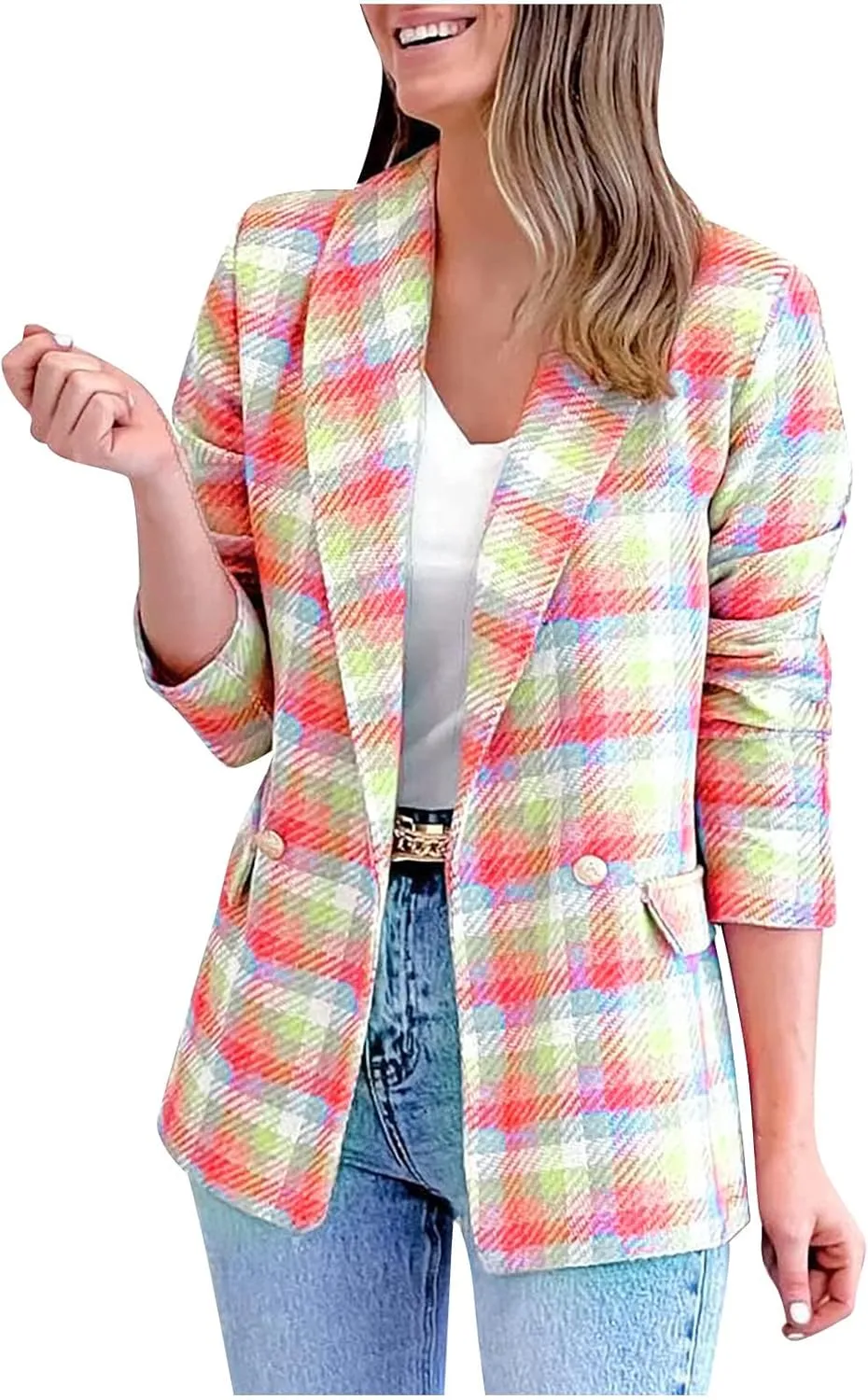 Women Casual Blazer Jacket Twill Plaid Blazers Long Sleeve Double Breasted Open Front Colorful Office Work Clothes