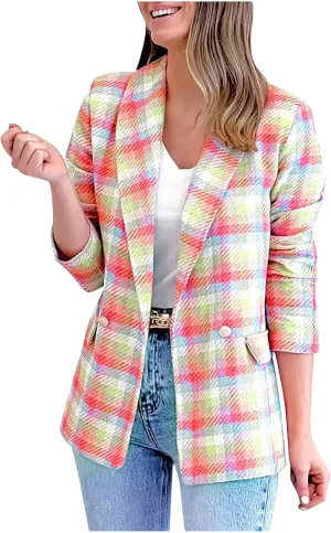 Women Casual Blazer Jacket Twill Plaid Blazers Long Sleeve Double Breasted Open Front Colorful Office Work Clothes