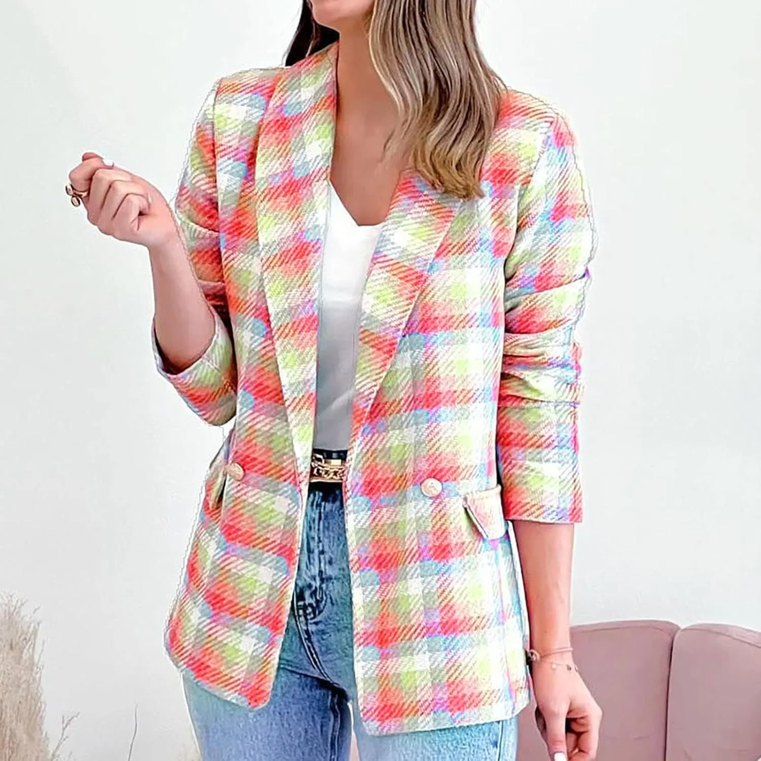 Women Casual Blazer Jacket Twill Plaid Blazers Long Sleeve Double Breasted Open Front Colorful Office Work Clothes
