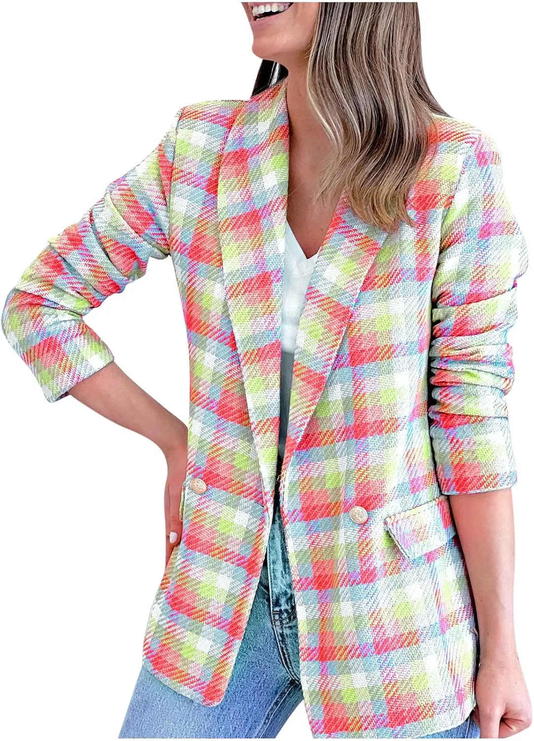 Women Casual Blazer Jacket Twill Plaid Blazers Long Sleeve Double Breasted Open Front Colorful Office Work Clothes