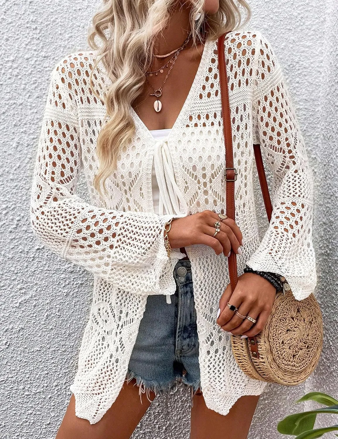 Women Crochet Cardigan Lightweight Tie Front Hollow Out Long Sleeves Summer Knit Cover Cardigans