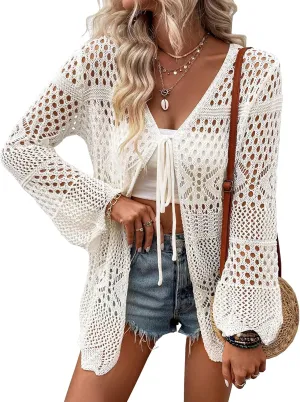 Women Crochet Cardigan Lightweight Tie Front Hollow Out Long Sleeves Summer Knit Cover Cardigans