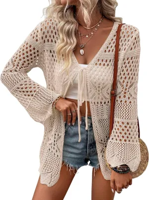 Women Crochet Cardigan Lightweight Tie Front Hollow Out Long Sleeves Summer Knit Cover Cardigans