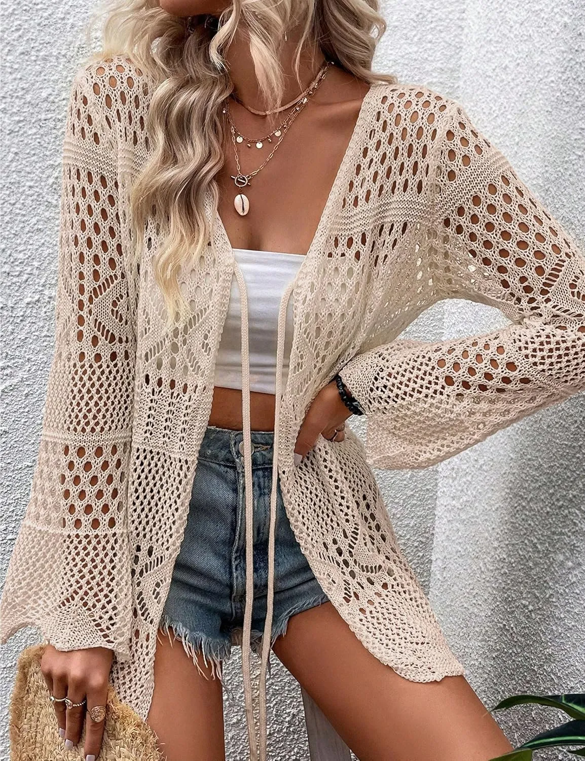 Women Crochet Cardigan Lightweight Tie Front Hollow Out Long Sleeves Summer Knit Cover Cardigans
