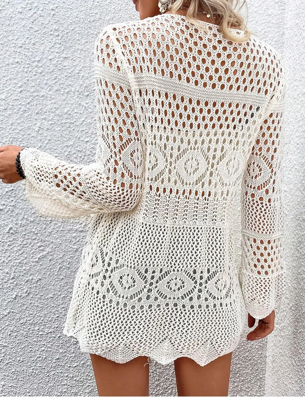 Women Crochet Cardigan Lightweight Tie Front Hollow Out Long Sleeves Summer Knit Cover Cardigans