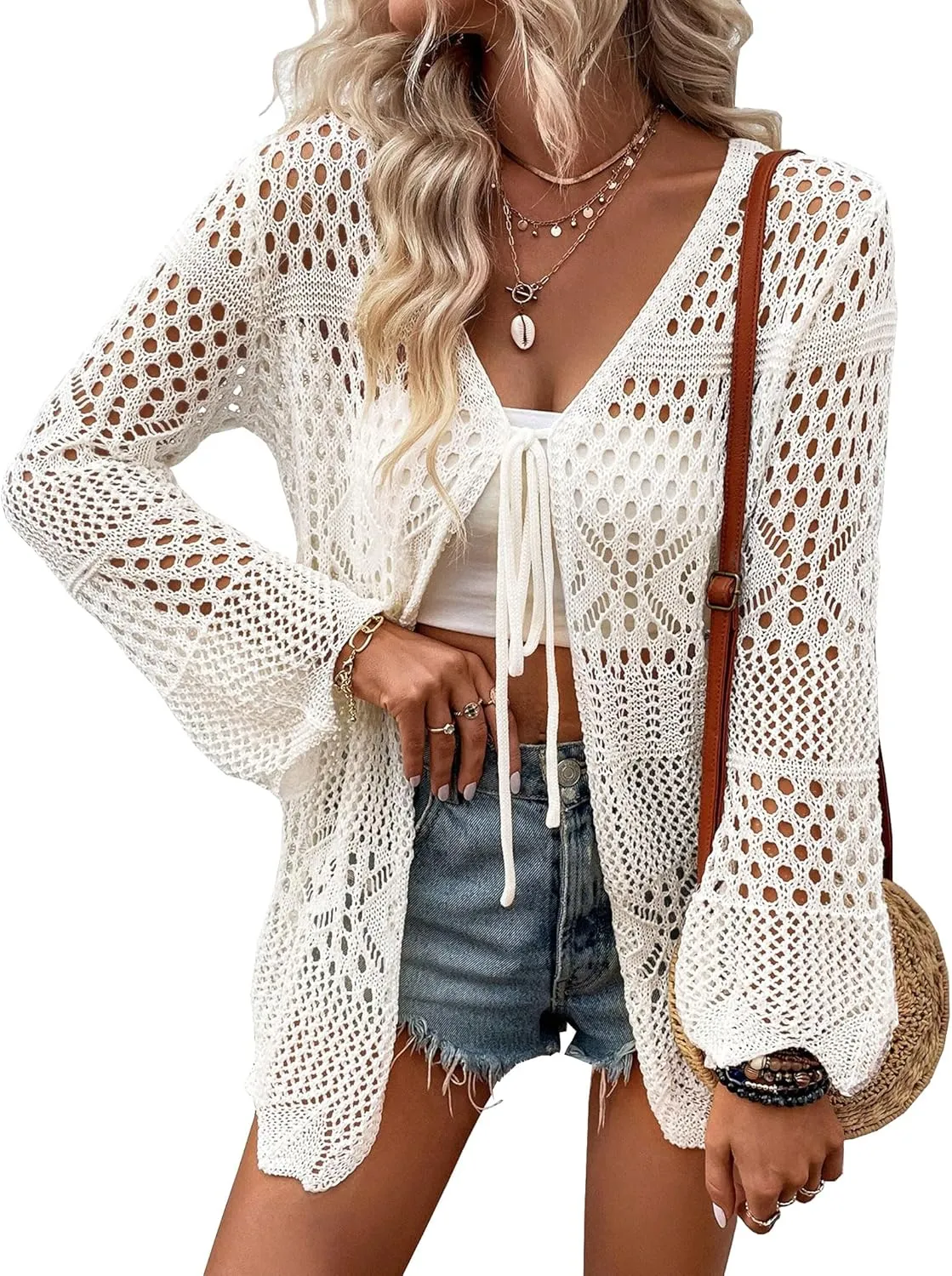 Women Crochet Cardigan Lightweight Tie Front Hollow Out Long Sleeves Summer Knit Cover Cardigans