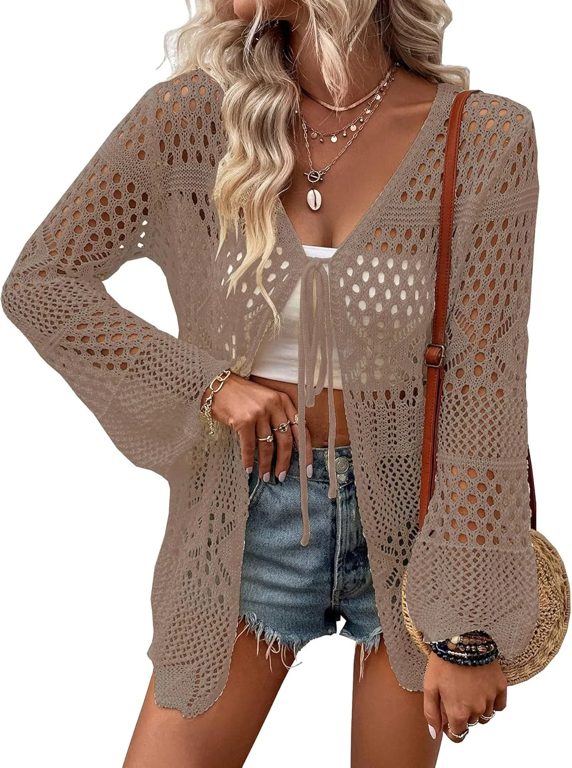 Women Crochet Cardigan Lightweight Tie Front Hollow Out Long Sleeves Summer Knit Cover Cardigans
