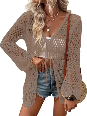 Women Crochet Cardigan Lightweight Tie Front Hollow Out Long Sleeves Summer Knit Cover Cardigans