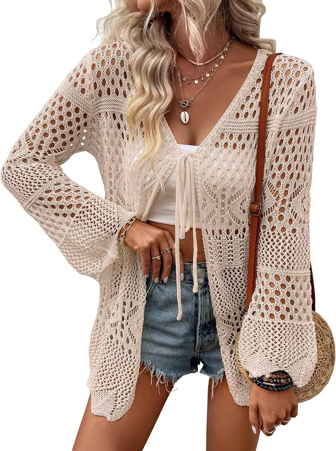 Women Crochet Cardigan Lightweight Tie Front Hollow Out Long Sleeves Summer Knit Cover Cardigans