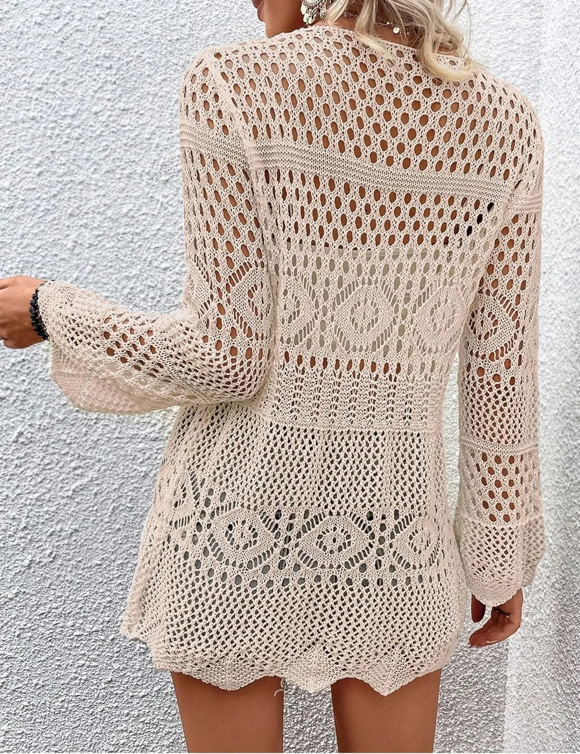 Women Crochet Cardigan Lightweight Tie Front Hollow Out Long Sleeves Summer Knit Cover Cardigans