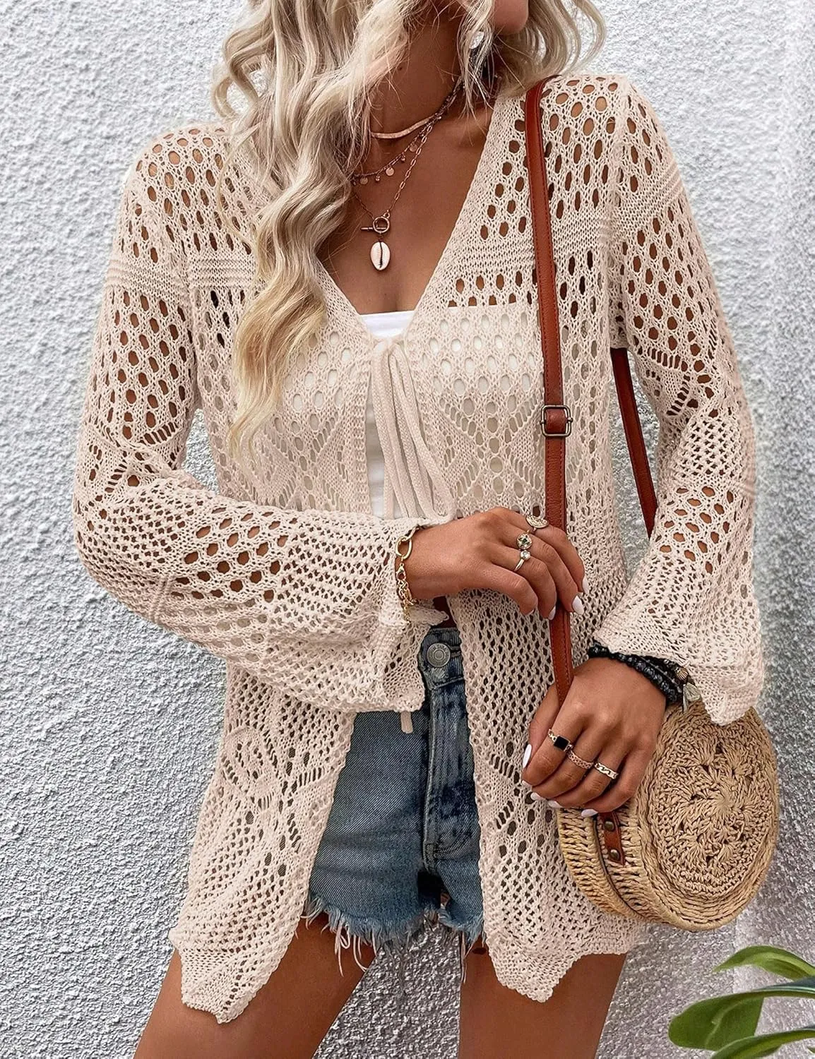 Women Crochet Cardigan Lightweight Tie Front Hollow Out Long Sleeves Summer Knit Cover Cardigans