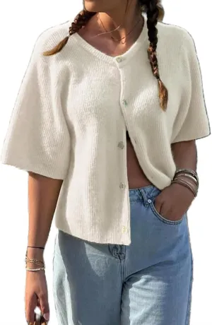 Women Crop Knit Cardigan Casual Short Sleeve Button Down Crewneck Sweater Going Out Tops
