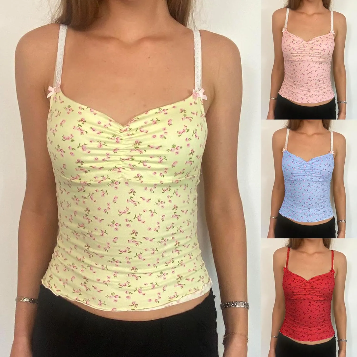 Women Floral Print Tank Cami Top Slim Fit Spaghetti Strap Low Cut Sleeveless Camisole Summer Backless Crop Vest