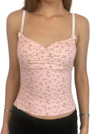Women Floral Print Tank Cami Top Slim Fit Spaghetti Strap Low Cut Sleeveless Camisole Summer Backless Crop Vest
