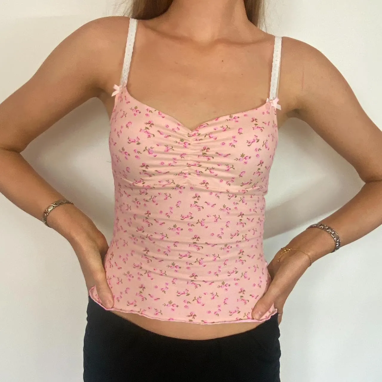 Women Floral Print Tank Cami Top Slim Fit Spaghetti Strap Low Cut Sleeveless Camisole Summer Backless Crop Vest