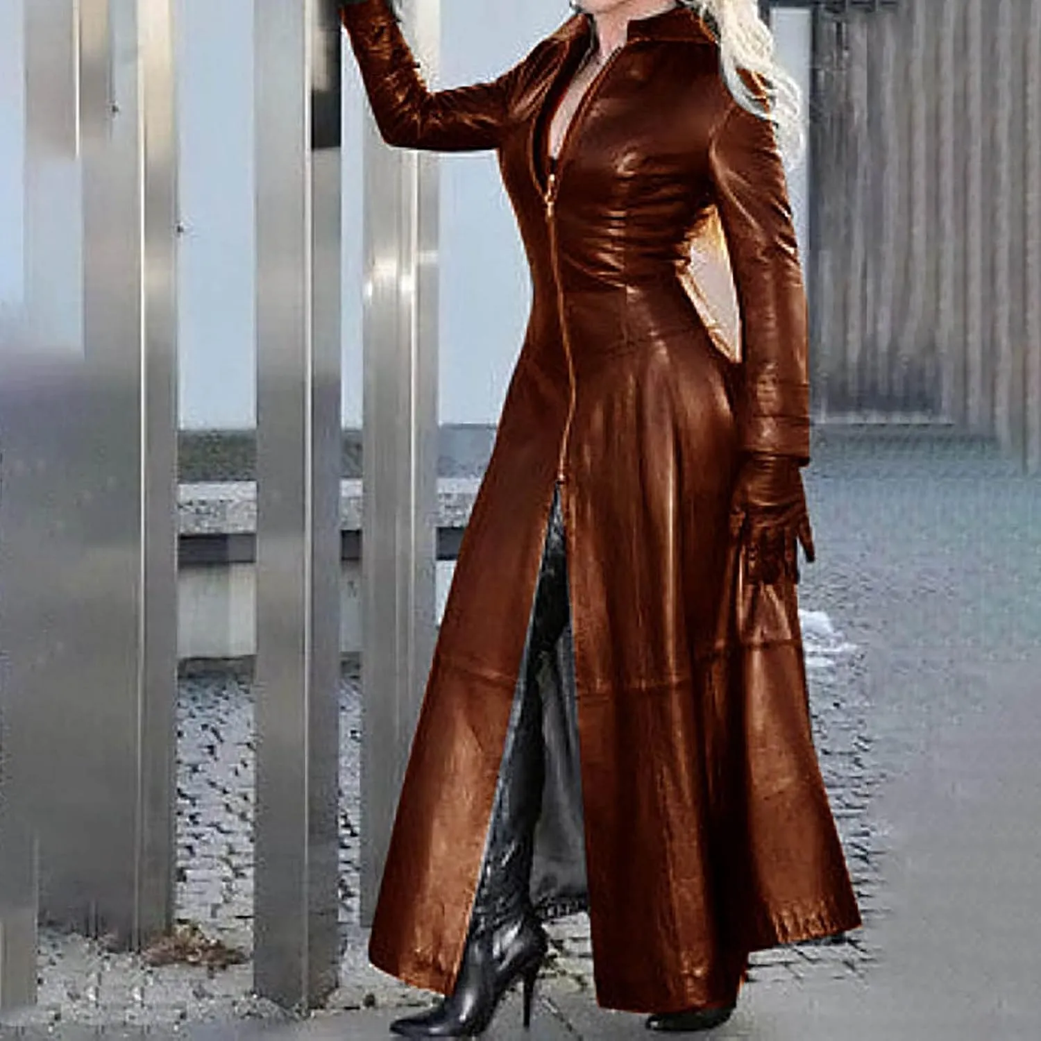 Women Leather Jacket 2024 Long Sleeve Overcoat Dress Zipper Leather Long Coats Lapel Collar Outerwear Winter