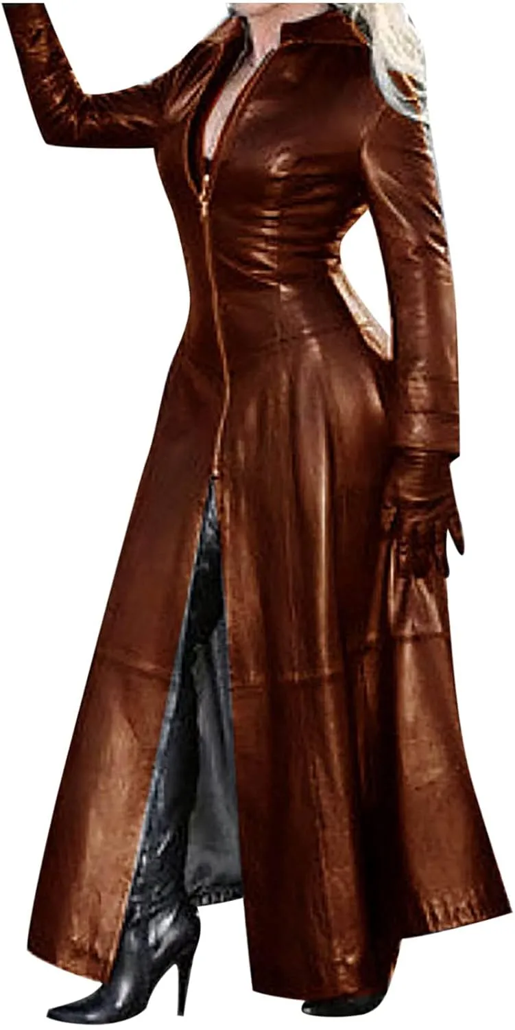 Women Leather Jacket 2024 Long Sleeve Overcoat Dress Zipper Leather Long Coats Lapel Collar Outerwear Winter