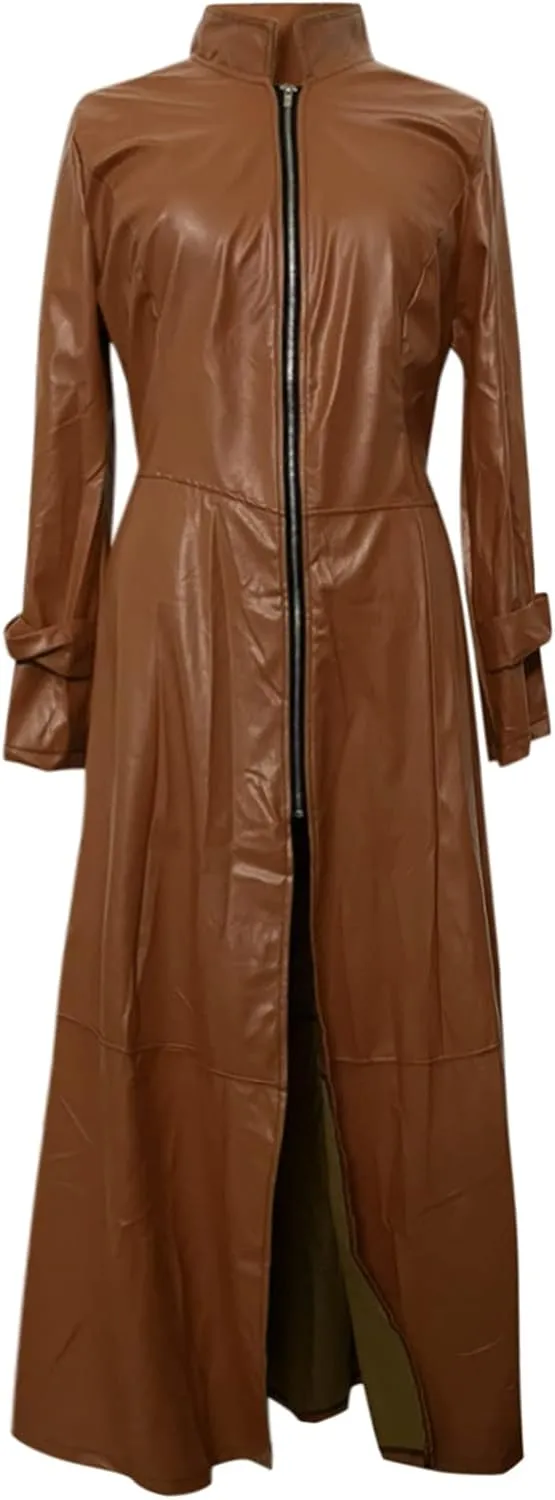 Women Leather Jacket 2024 Long Sleeve Overcoat Dress Zipper Leather Long Coats Lapel Collar Outerwear Winter